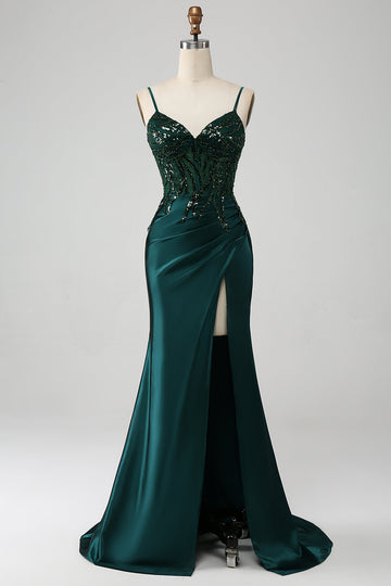 Vestido de fiesta de corsé plisado de lentejuelas de lentejuelas verde oscuro brillante con abertura
